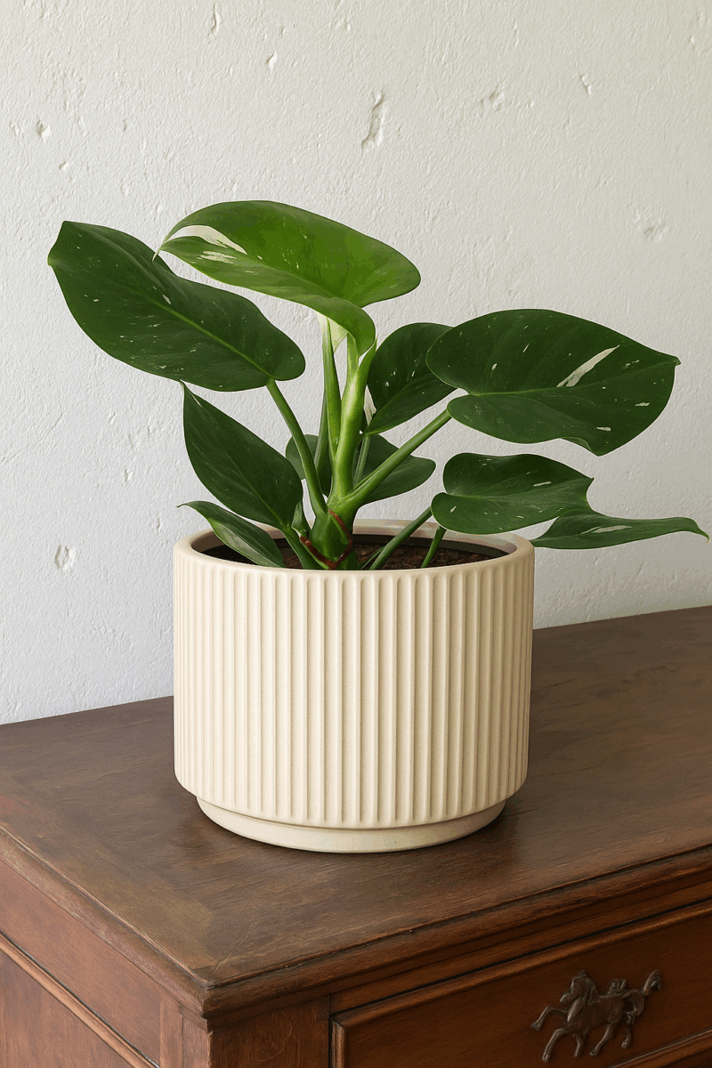 Philodendron White Wizard in a cream pot